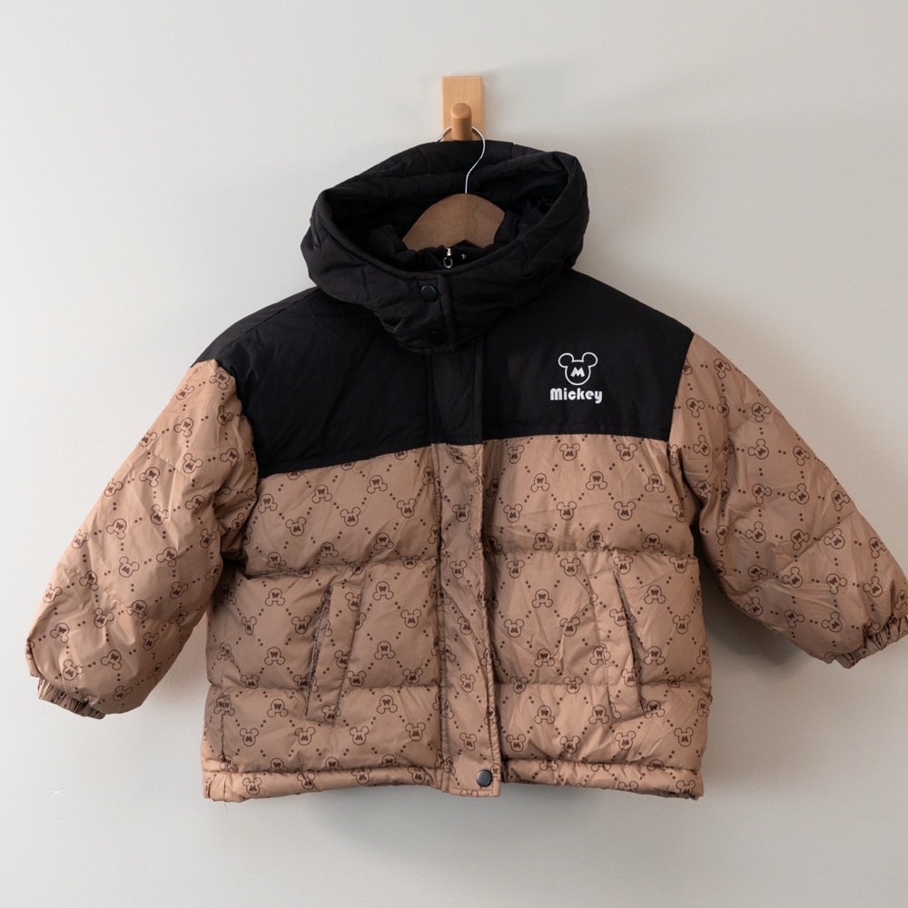 Collectible Disney 100 Mickey Mouse down puffer jacket brown black hooded 4–5T
